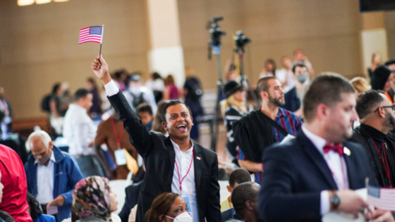 Attendees of a naturalization ceremony at Ellis Island