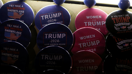 Badges are pictured during a rally held by former U.S. President Donald Trump in Commerce