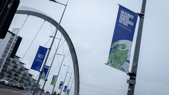 Banners announcing the COP26 along the river Clyde