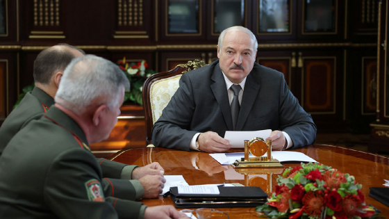 Belarusian President Alexander Lukashenko meets state security officials in Minsk