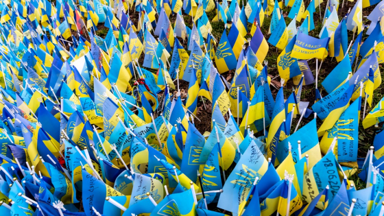 Blue and yellow Ukrainian national flags with names of fallen soldiers are seen on Independence Square in central Kyiv