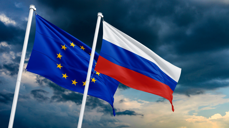 Image depicting the European Union and Russian flags.