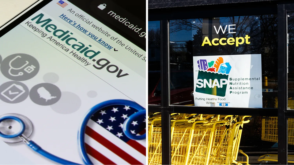 Image depicting a sign outside a grocery store that accepts SNAP benefits and another image of the Medicaid website on a smart phone.