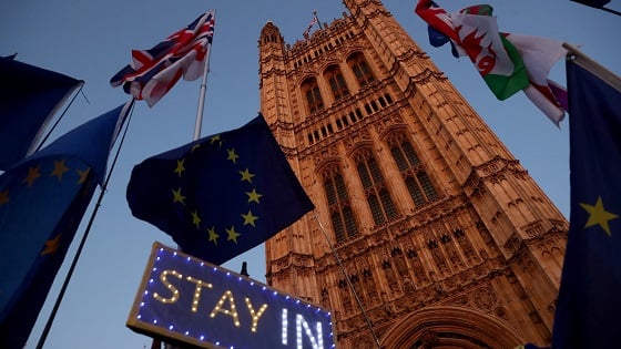 An anti-Brexit sign is seen outside the Houses of Parliament in London, Britain