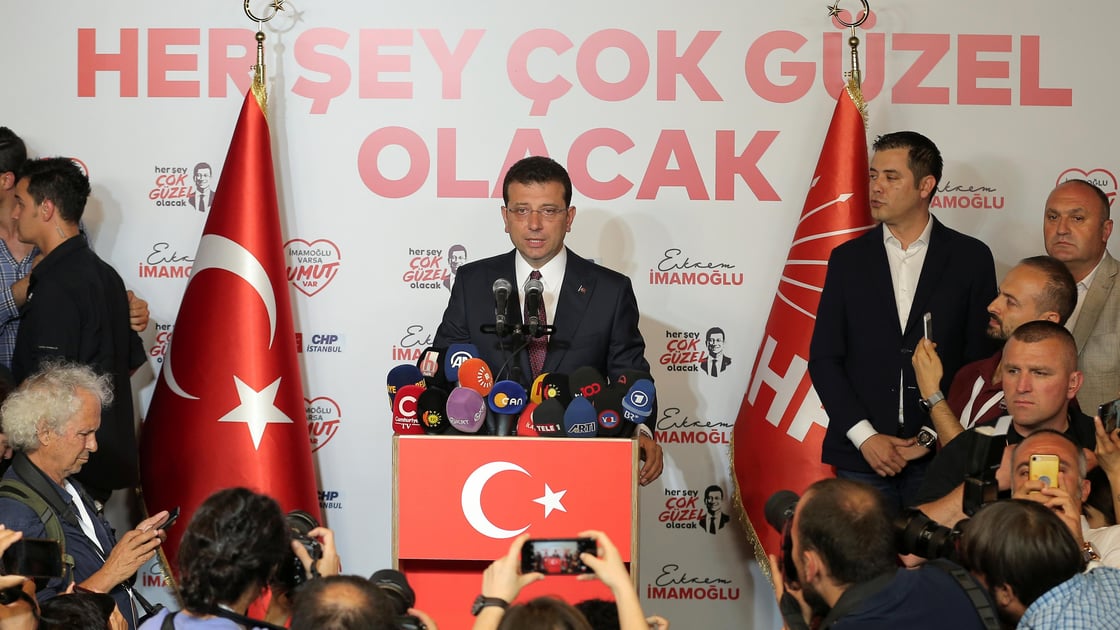 Ekrem Imamoglu, mayoral candidate of the main opposition Republican Peoples Party talks to the media.