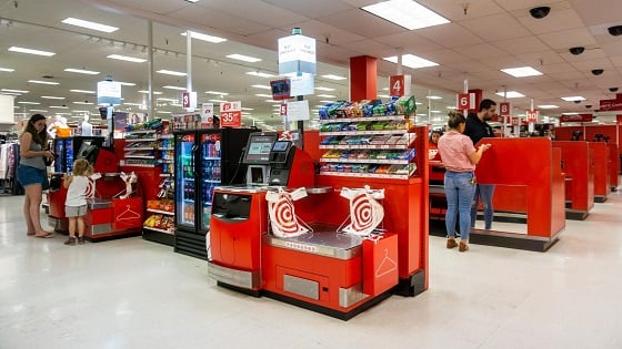 Self-checkout kiosks in a Target store.