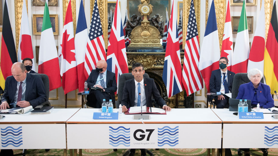 British Chancellor of the Exchequer Rishi Sunak speaks at a meeting of finance ministers from across the G7 nations