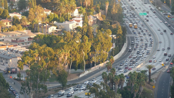 Busy rush hour intercity highway in metropolis, Los Angeles