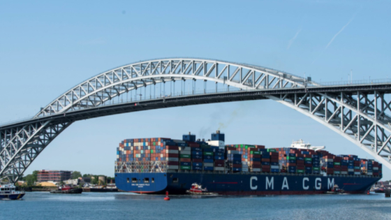 CGM Marco Polo, an Explorer class container ship crosses the Bayonne bridge for then dock at Elizabeth port as seen from Bayonne, New Jersey