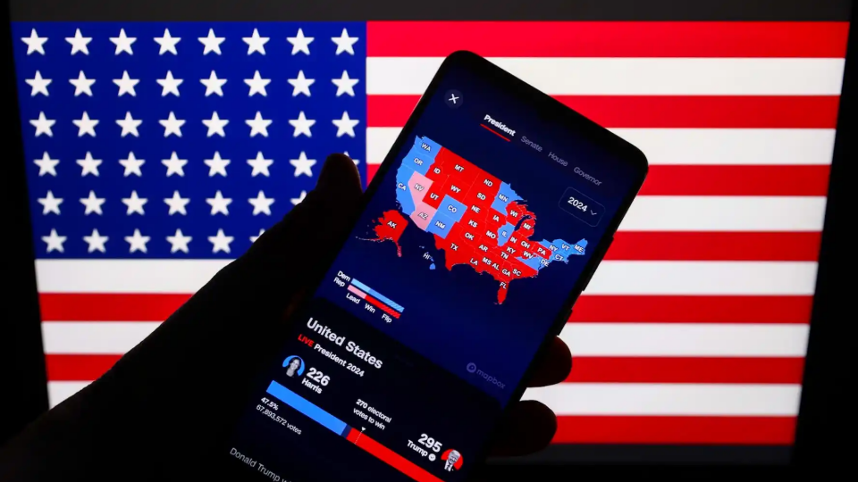 CNN Magic Wall map with U.S. presidential results is screened on a mobile phone