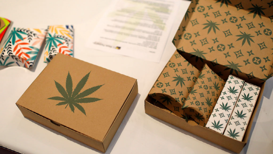 Cannabis product boxes are displayed at The Cannabis World Congress Business Exposition