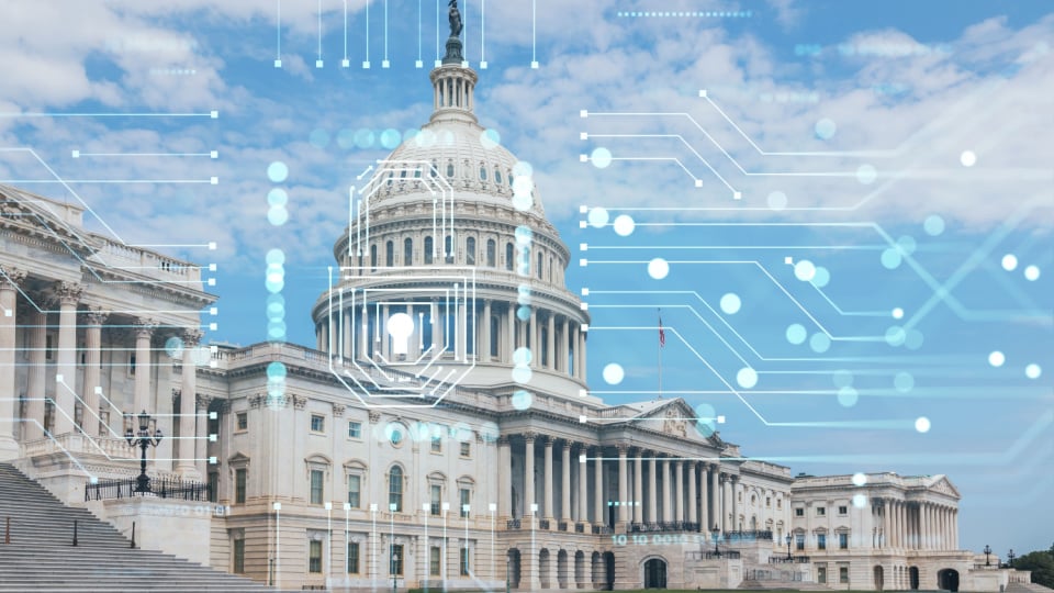 Capitol dome building exterior, Washington D.C. with stylized information outlines