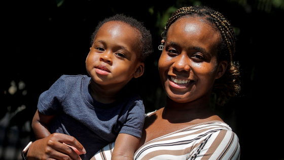 Chantel Springer poses with her son Jasiah in the Brooklyn borough of New York