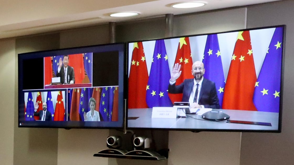 Charles Michel and Ursula von der Leyen take part in a virtual summit with Xi Jinping