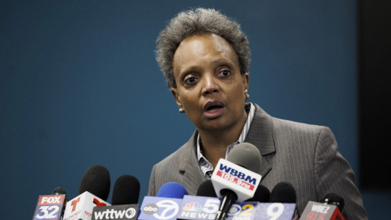 Chicago Mayor Lori Lightfoot speaks with members of the media