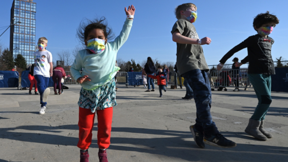 Children dance at the “Bundle Up & Dance Dance Dance Party” organized by the Brooklyn Bridge Park Conservancy 