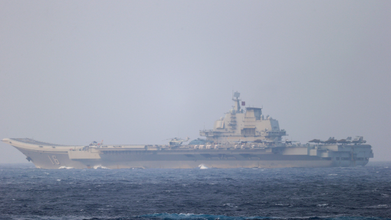 Chinese aircraft carrier Liaoning sails through the Miyako Strait near Okinawa