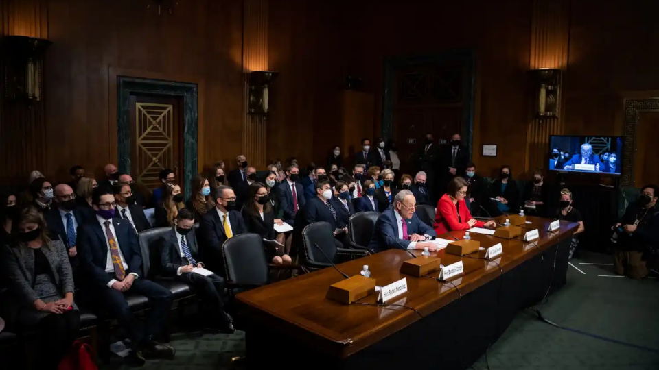 Chuck Schumer introduces judicial nominees during a Senate Judiciary Committee confirmation hearing for federal judges on December 15, 2021