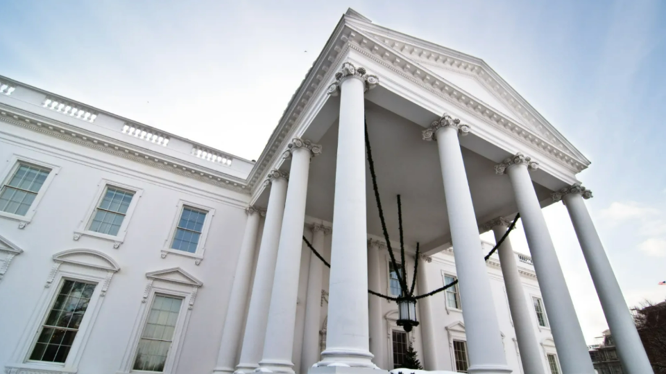 Close-up photo of White House pillars after a snowy day