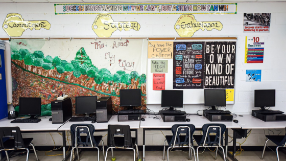 Computer stations are seen in a classroom at Lyman High School in Longwood