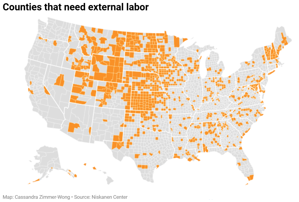 Counties that need external labor