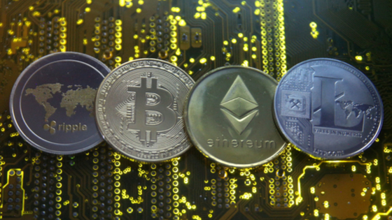 Cryptocurrencies lined up in a row.