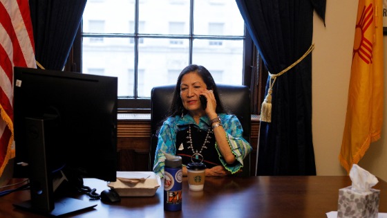 Deb Haaland works in her office at the U.S. Capitol