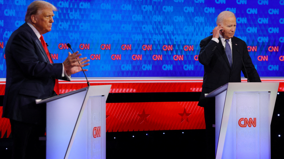 Democrat candidate, U.S. President Joe Biden, and Republican candidate, former U.S. President Donald Trump, attend a debate ahead of the U.S. presidential election, in Atlanta, Georgia