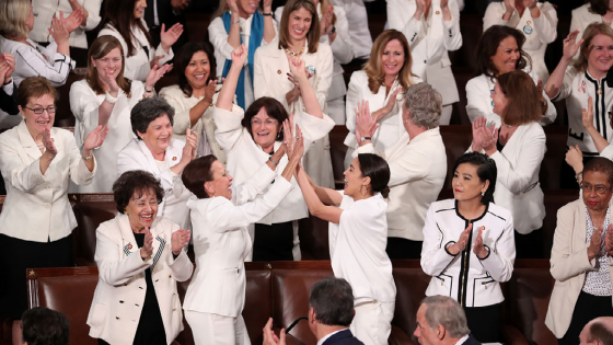 Democratic female members of Congress cheer after U.S. President Donald Trump said there are more women in Congress than ever before in his State of the Union address