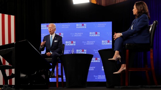 Democratic presidential candidate and former Vice President Joe Biden speaks during a virtual campaign fundraising event with vice presidential candidate Senator Kamala Harris