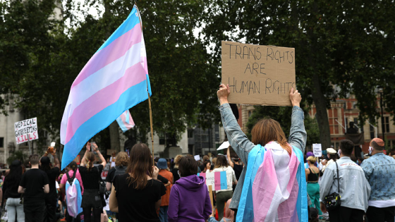 Demonstrators holding placards calling for transgender rights during a Black Trans Lives Matter protest