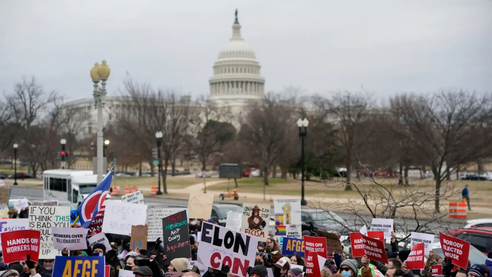 Demonstrators rally during a protest against U.S. President Donald Trump and the actions he has taken in the first weeks of his presidency