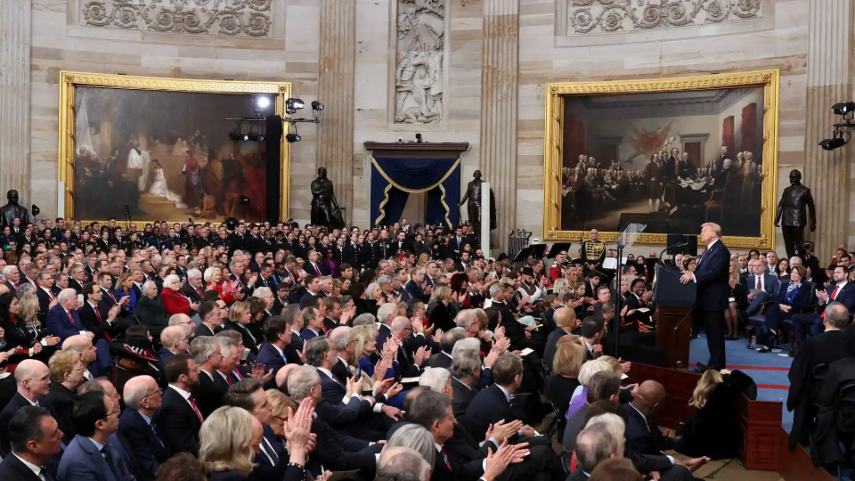 Donald Trump delivers a speech during his presidential inauguration at the Rotunda of the U.S. Capitol in 2025