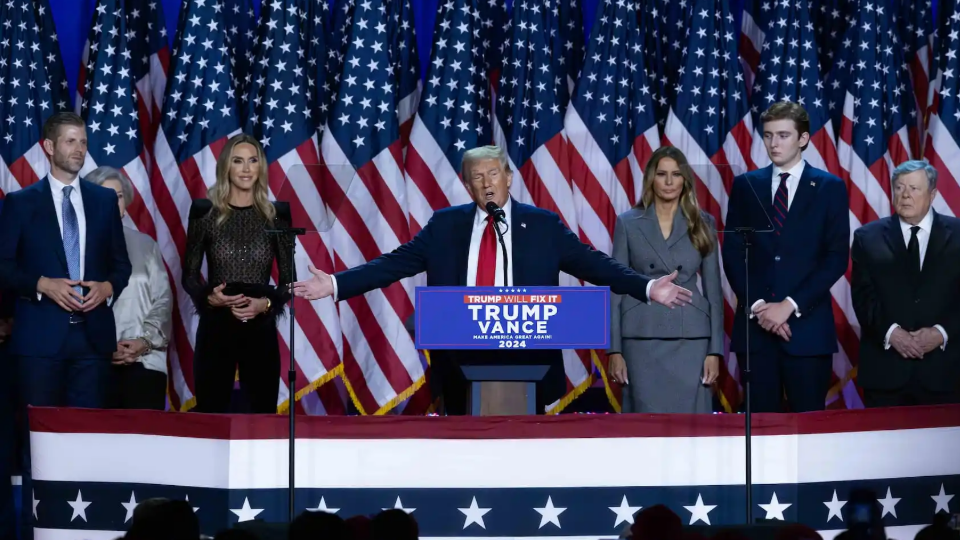 Donald Trump makes his acceptance speech at his election night watch party at the Palm Beach County Convention Center