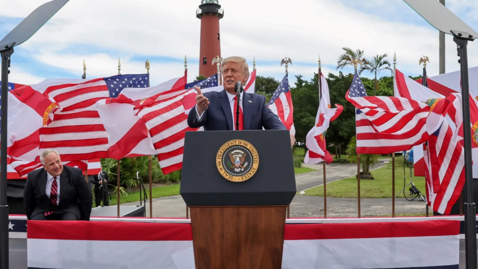 Donald Trump touts his environmental policies during a campaign stop at Jupiter Inlet Lighthouse and Museum in Jupiter, Florida