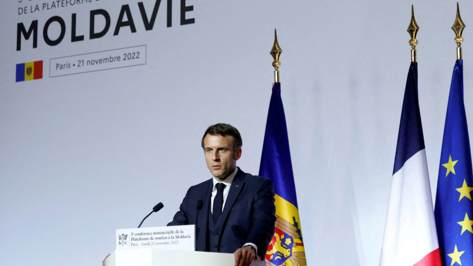 Emmanuel Macron delivers a speech during the third ministerial conference of the Moldova Support Platform