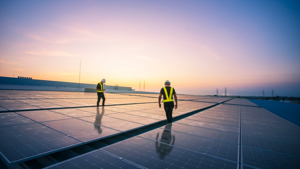 Engineer service workers check solar panel installation on the roof of a factory