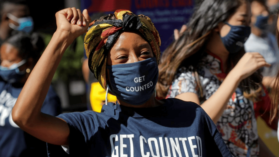 Entertainers dance during a promotional event for the U.S. Census in Times Square in New York City