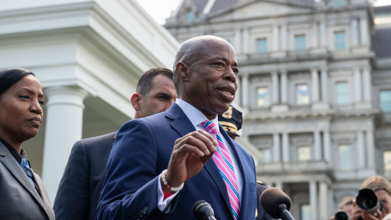 Eric Adams speaks to reporters at the White House