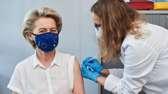 European Commission President Ursula von der Leyen receives her first shot of the Pfizer vaccine