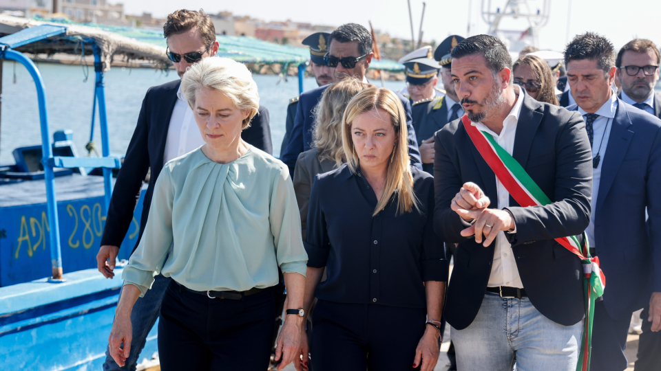 European Commission President Ursula von der Leyen, European Commissioner for Home Affairs Ylva Johansson, and Italian Prime Minister Giorgia Meloni visit the Lampedusa migrant hotspot. 