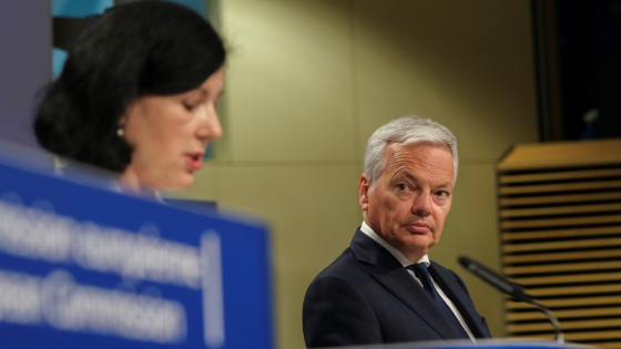 European Commissioner for Values and Transparency Vera Jourova and European Commissioner for Justice Didier Reynders give a news conference on EU rules on data protection