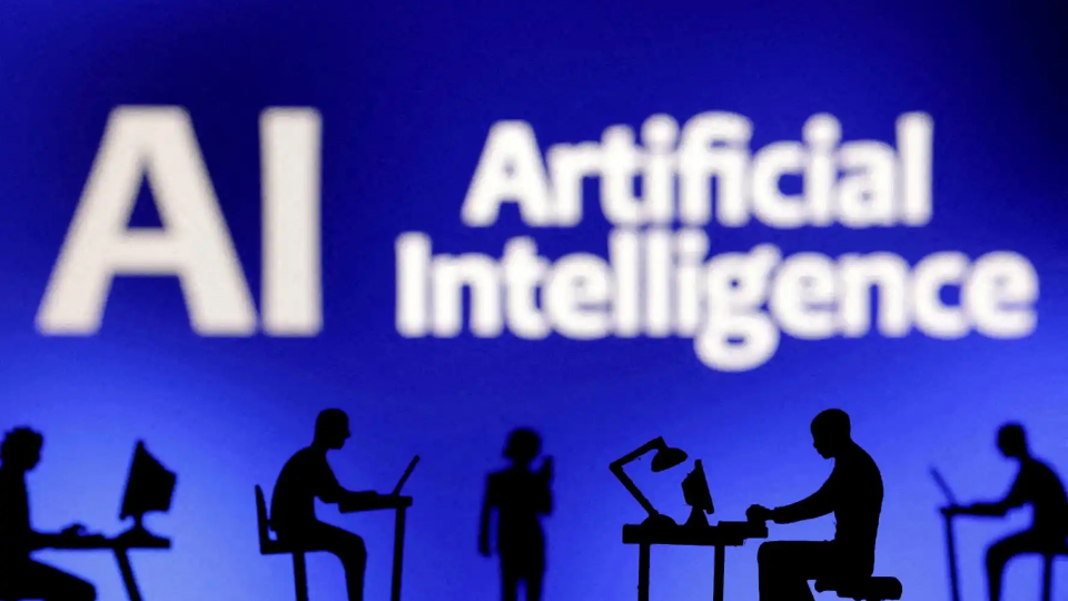 Figurines with computers and smartphones in front of a screen that says AI Artificial Intelligence