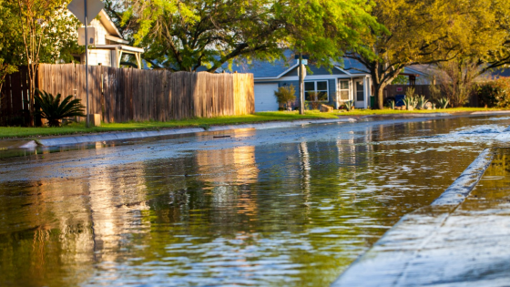 Flooded neighborhood street after thunderstorm