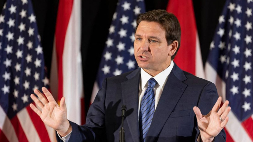 Florida Gov. Ron DeSantis during a press conference at Christopher Columbus High School