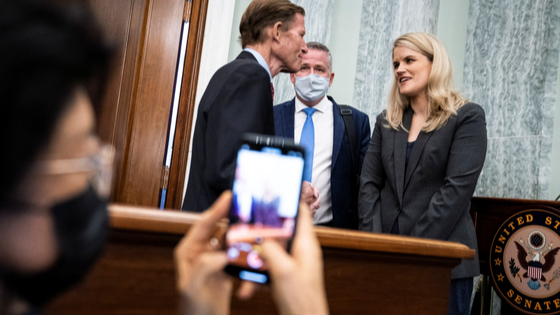 Former Facebook employee and whistleblower Frances Haugen speaks with Sen. Richard Blumenthal
