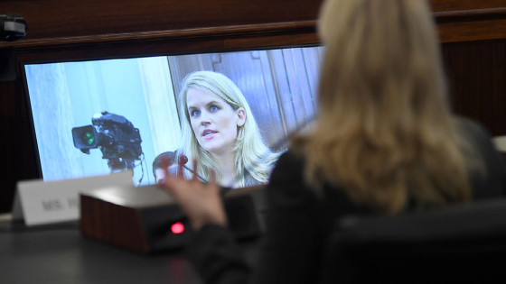 Former Facebook employee and whistleblower Frances Haugen testifies during a Senate hearing in Washington