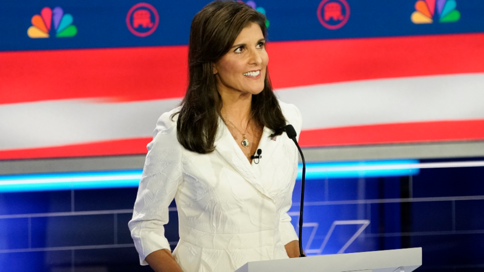 Former South Carolina Gov. Nikki Haley during the Republican National Committee presidential primary debate hosted by NBC News