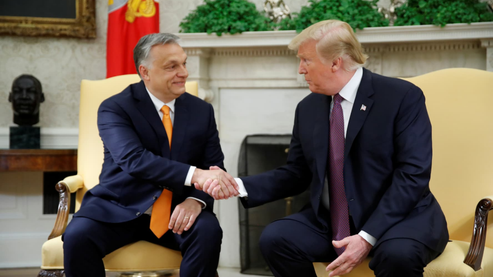 Former U.S. President Donald Trump greets Hungarys Prime Minister Viktor Orban in the Oval Office at the White House