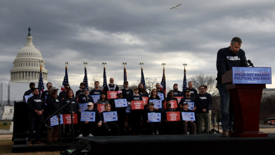 Former Washington DC police officer Michael Fanone gives a speech denouncing political violence during a news conference put on by Courage for America